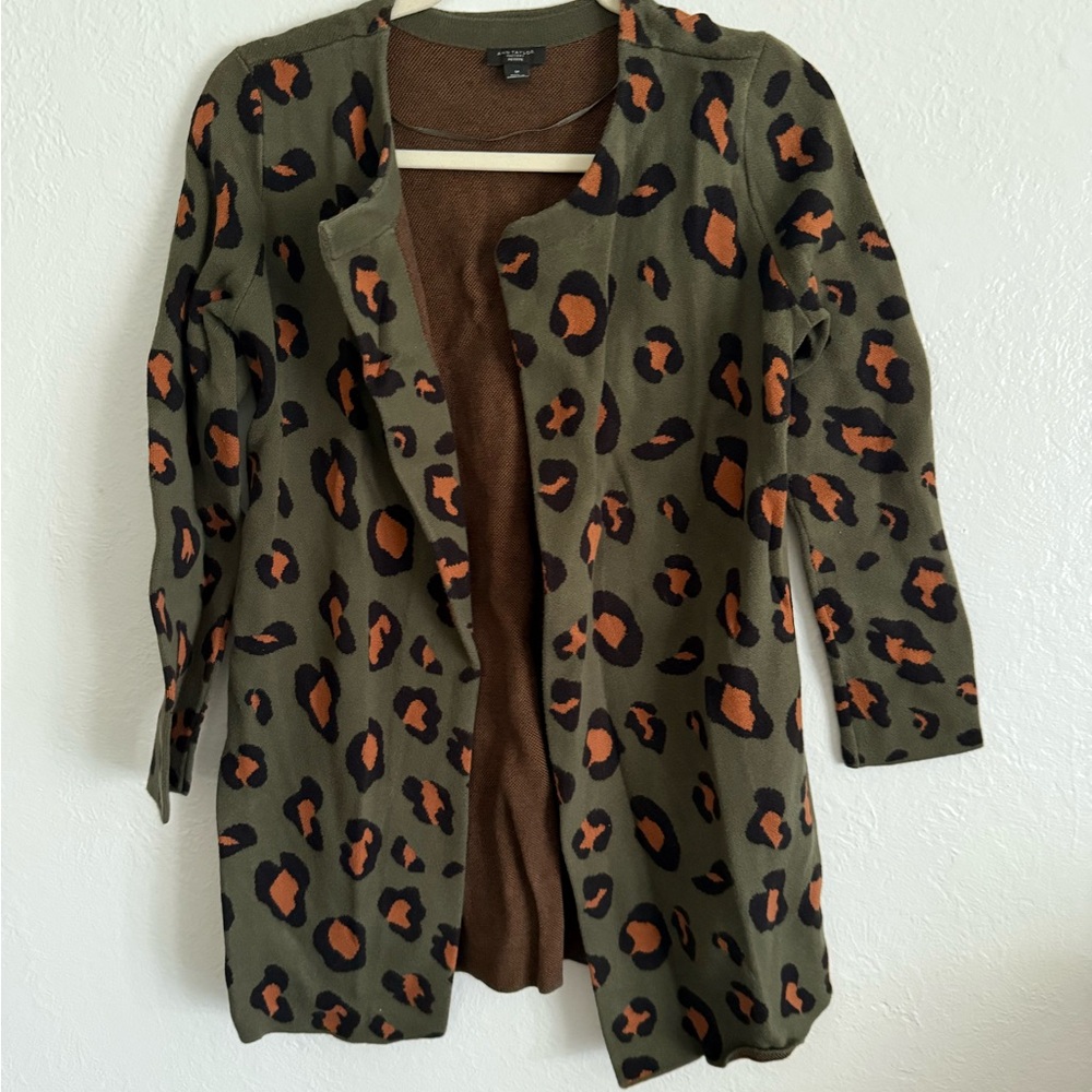 Ann Taylor Green and Brown Leopard cardigan